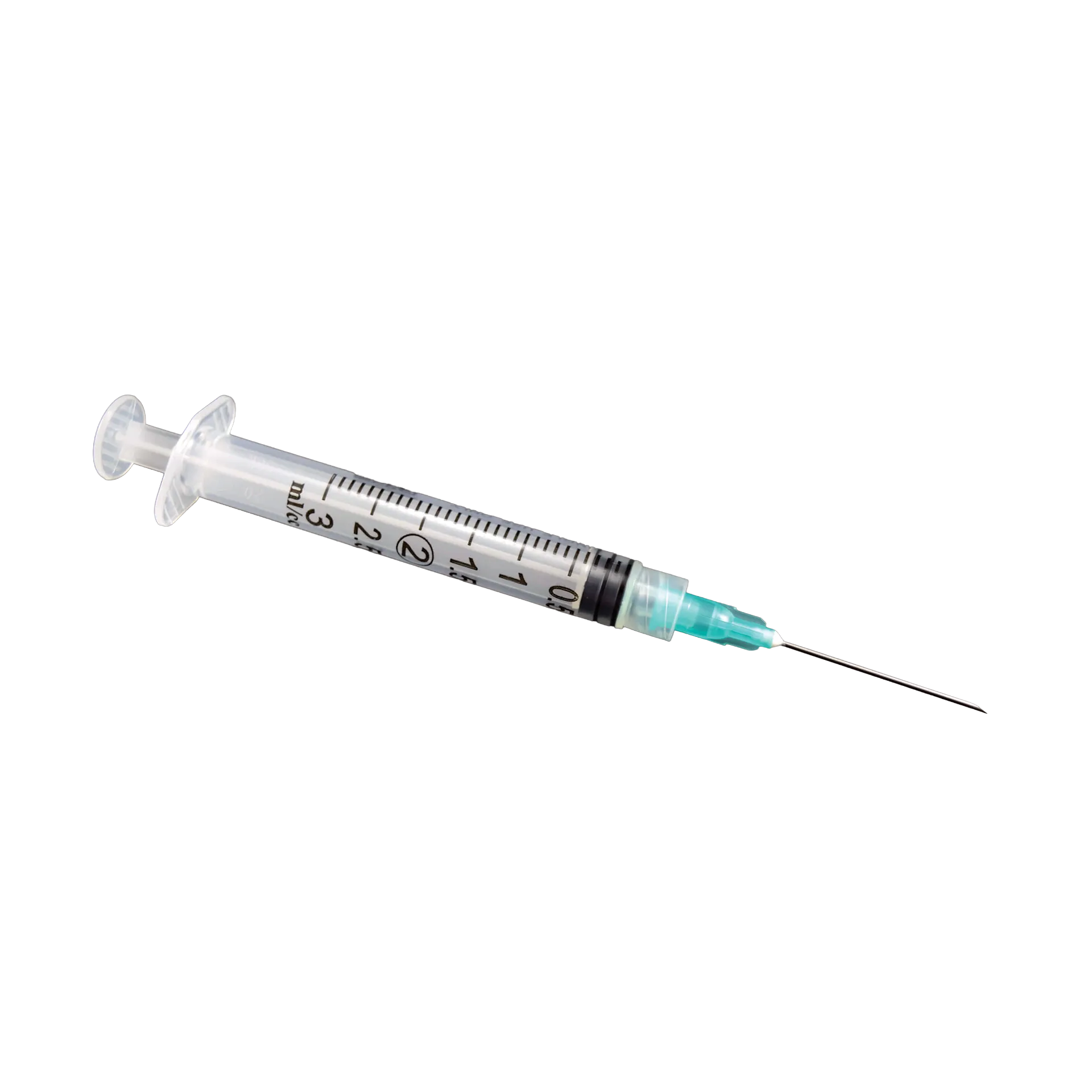 Sterile 3ml Syringe Luer Lock 20x1.5,"Clear syringe with attached needle and green hub"
