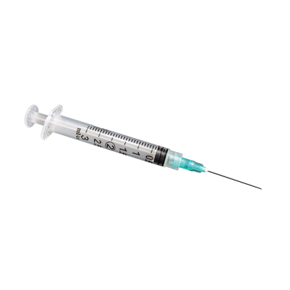 Sterile 3ml Syringe Luer Lock 20x1.5,"Clear syringe with attached needle and green hub"