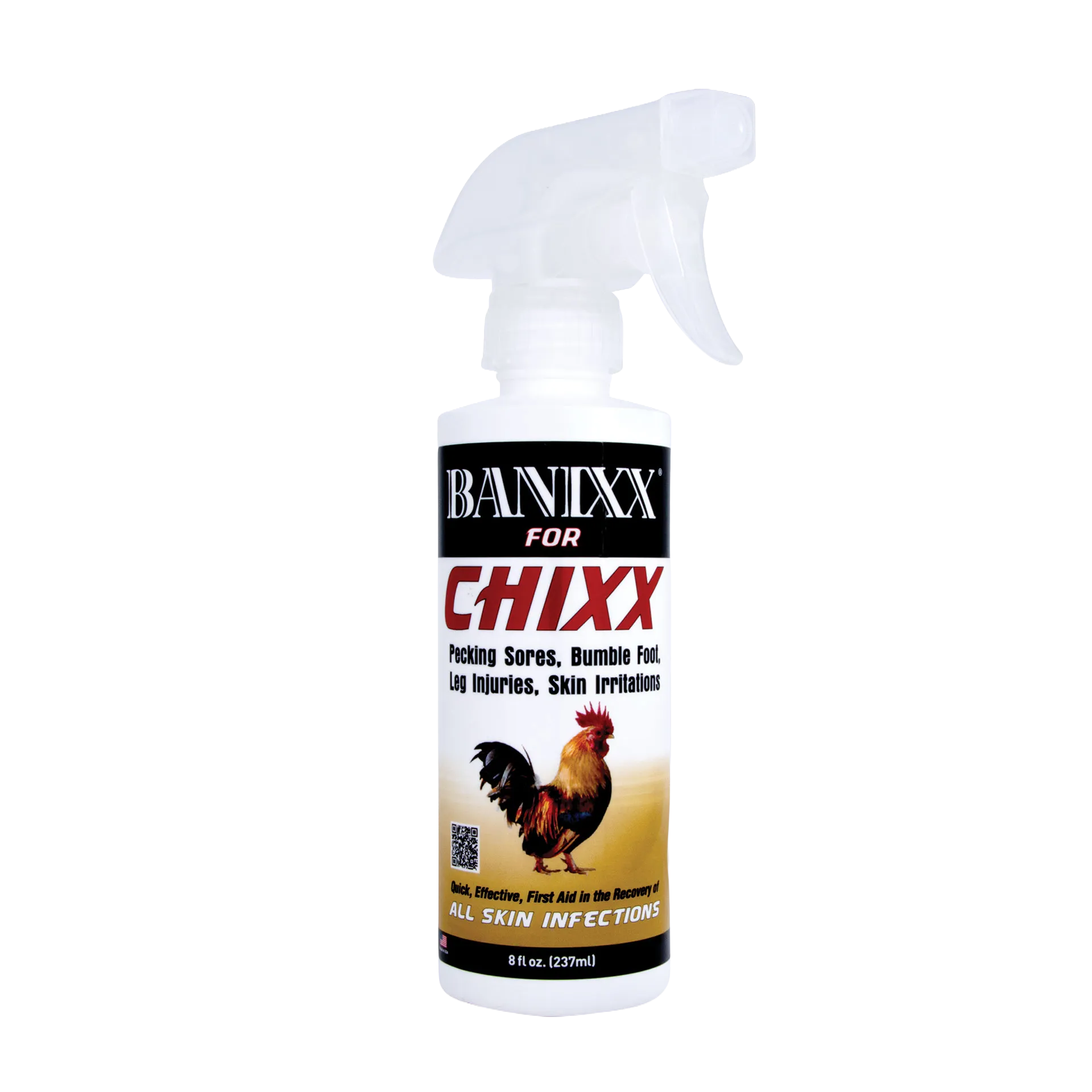 Banixx® for Chixx,"White spray bottle with trigger nozzle and rooster label"