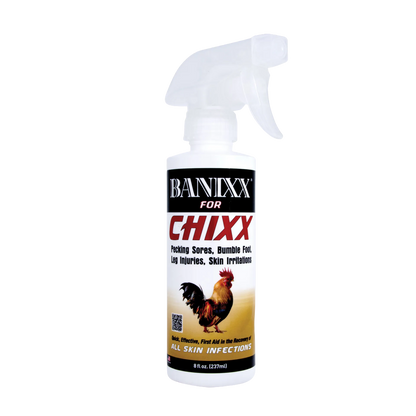 Banixx® for Chixx,"White spray bottle with trigger nozzle and rooster label"