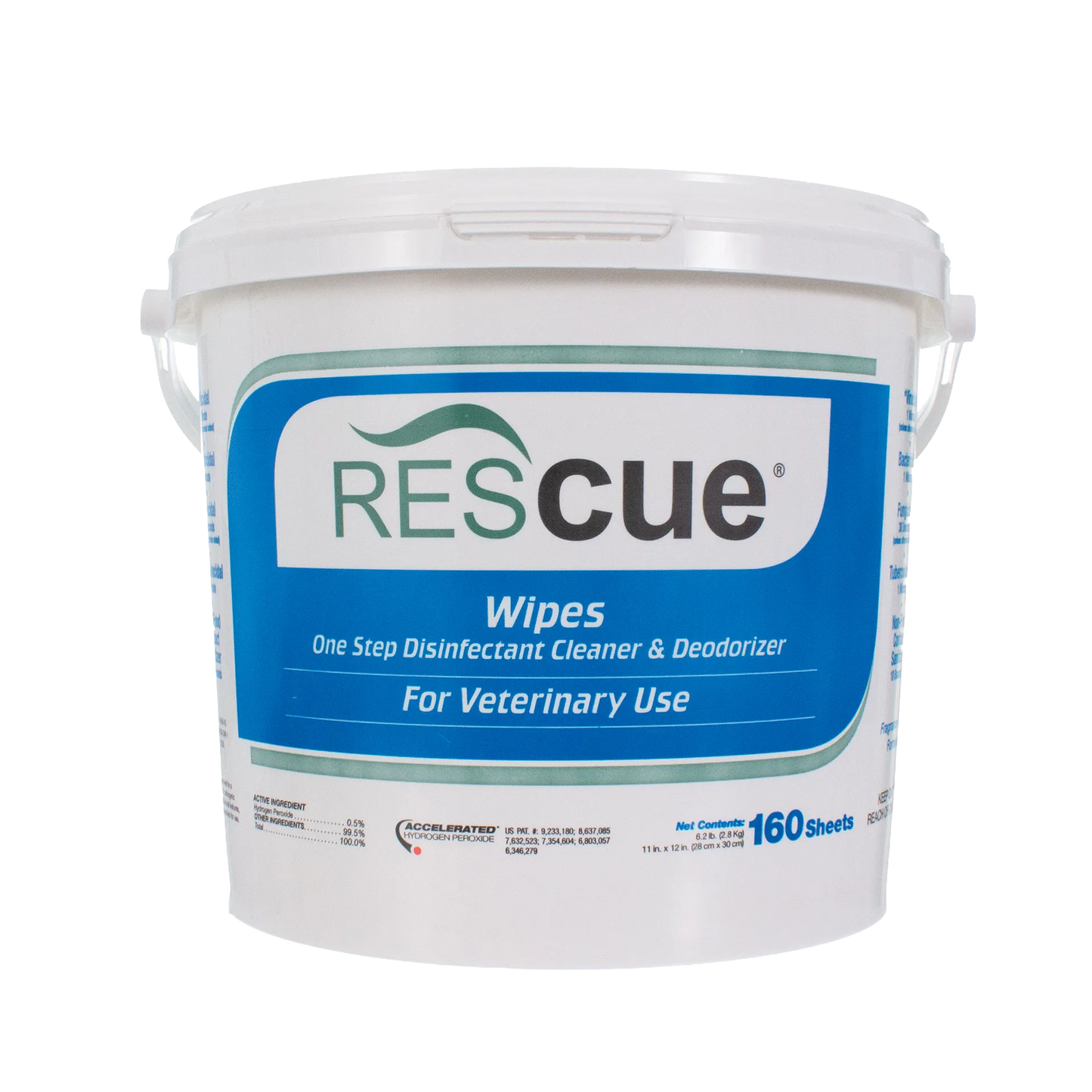 Rescue®  Disinfectant Cleaner,"White wipes bucket with handle and blue front label"
