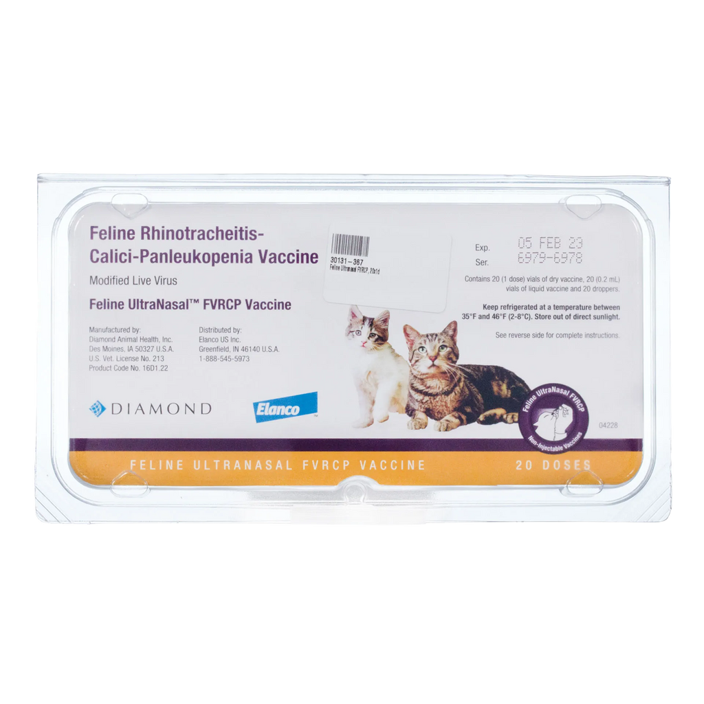 Feline UltraNasal® FVRCP Vaccine,"Clear plastic case with vaccine label and cat images"