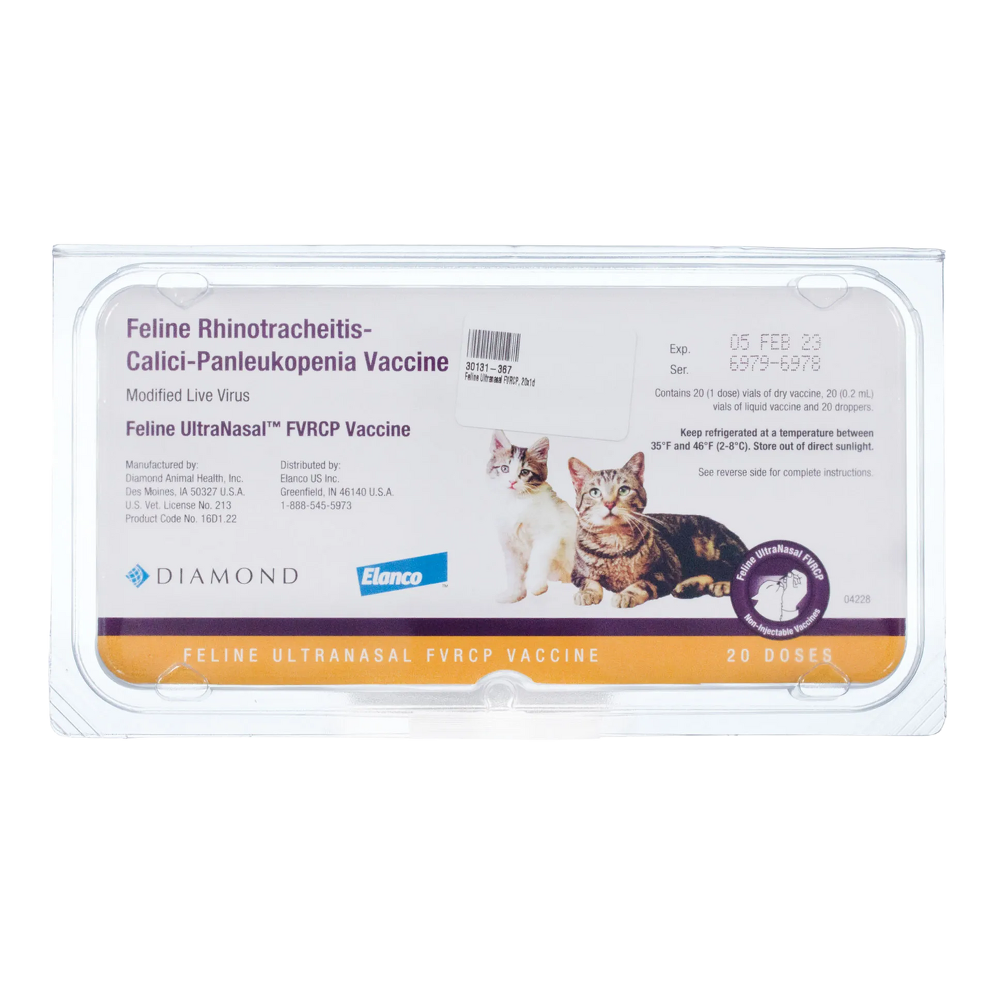 Feline UltraNasal® FVRCP Vaccine,"Clear plastic case with vaccine label and cat images"