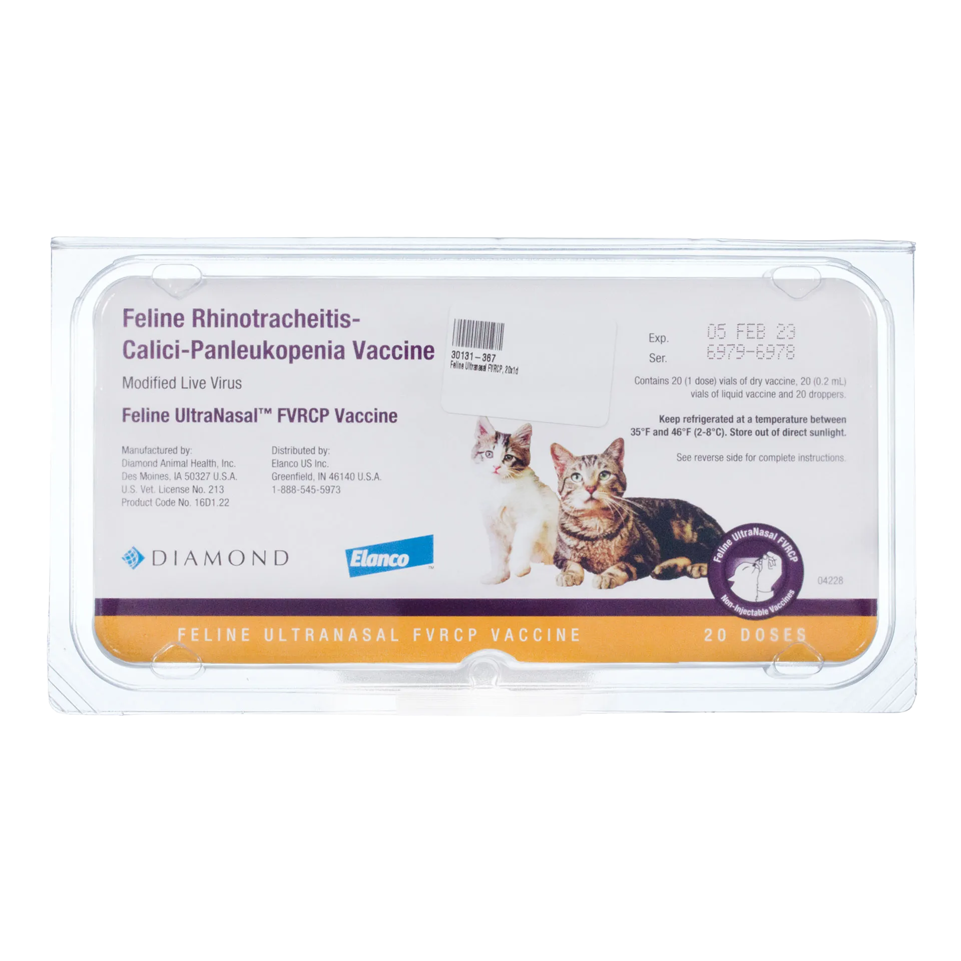 Feline UltraNasal® FVRCP Vaccine,"Clear plastic case with vaccine label and cat images"