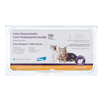 Feline UltraNasal® FVRCP Vaccine,"Clear plastic case with vaccine label and cat images"