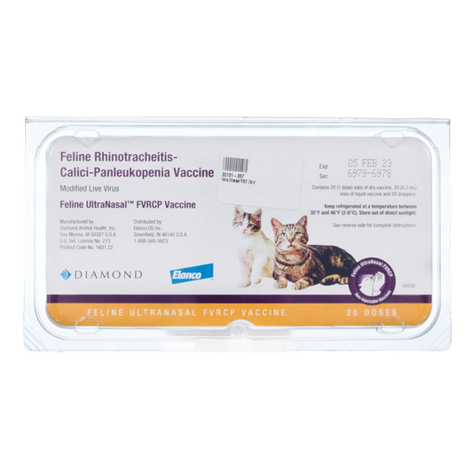 Feline UltraNasal® FVRCP Vaccine,"Clear plastic case with vaccine label and cat images"