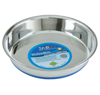Shallow Heavy Pet Dishes,"Shallow stainless steel pet dish with blue rubber base"