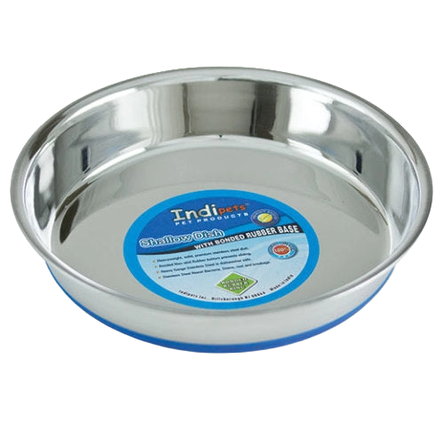 Shallow Heavy Pet Dishes,"Shallow stainless steel pet dish with blue rubber base"