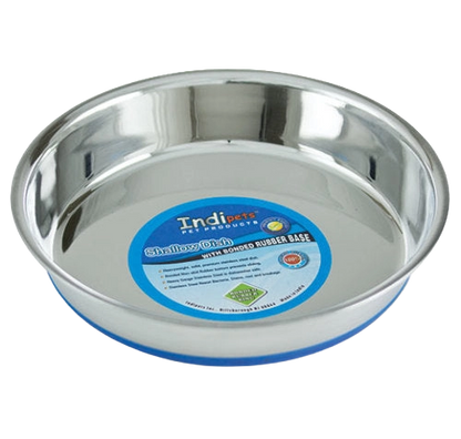 Shallow Heavy Pet Dishes,"Shallow stainless steel pet dish with blue rubber base"