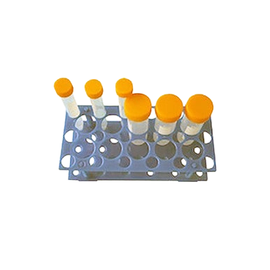 Conical Tube Rack-Blue,"Blue rack holding five clear conical tubes with orange caps"