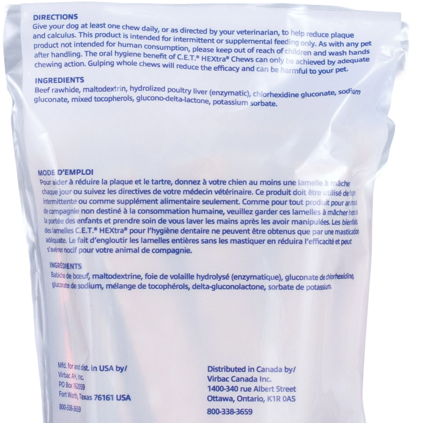 C.E.T.® HEXTRA® Premium Chews for Dogs,"Back of chew bag with directions and ingredients panel"