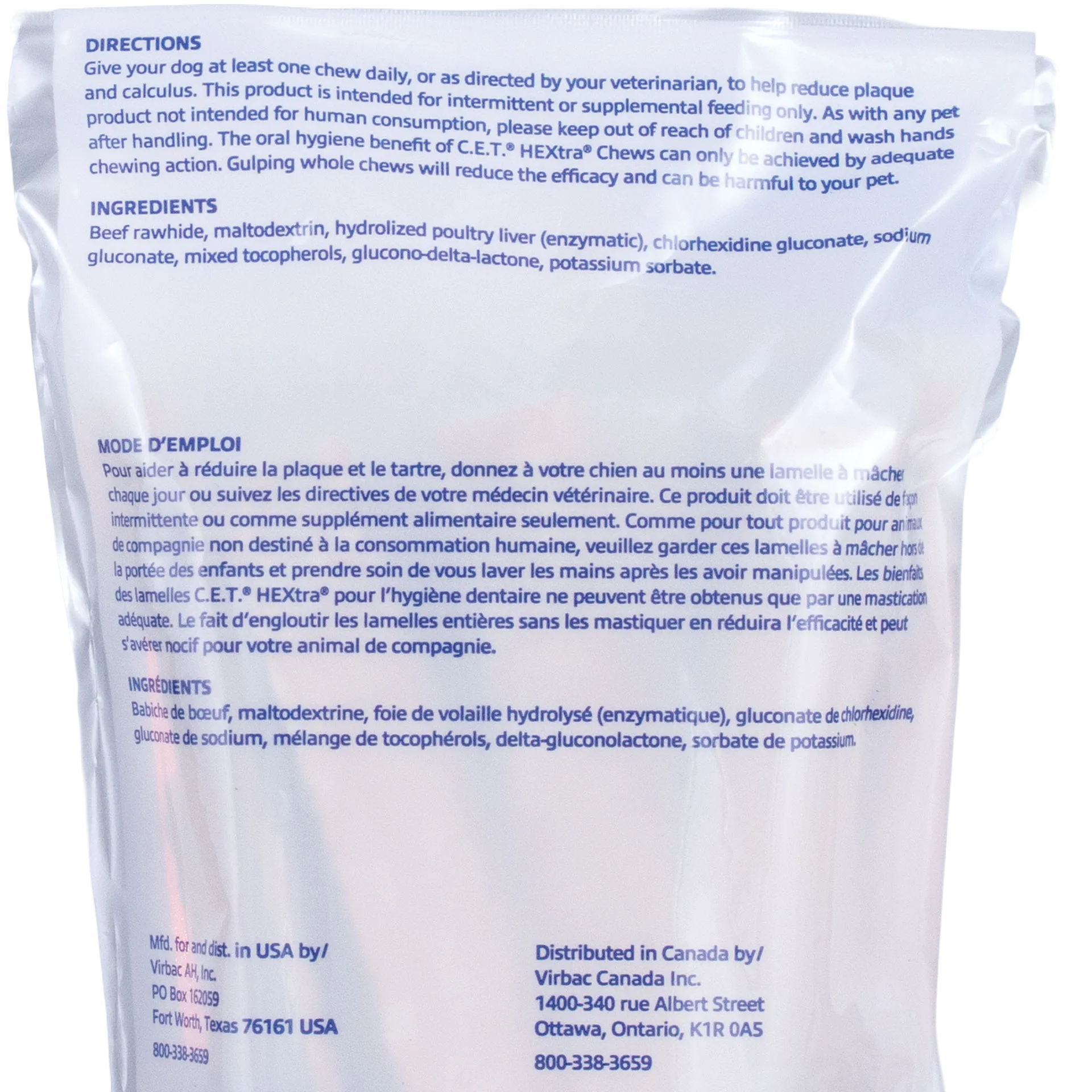 C.E.T.® HEXTRA® Premium Chews for Dogs,"Back of chew bag with directions and ingredients panel"