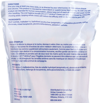 C.E.T.® HEXTRA® Premium Chews for Dogs,"Back of chew bag with directions and ingredients panel"