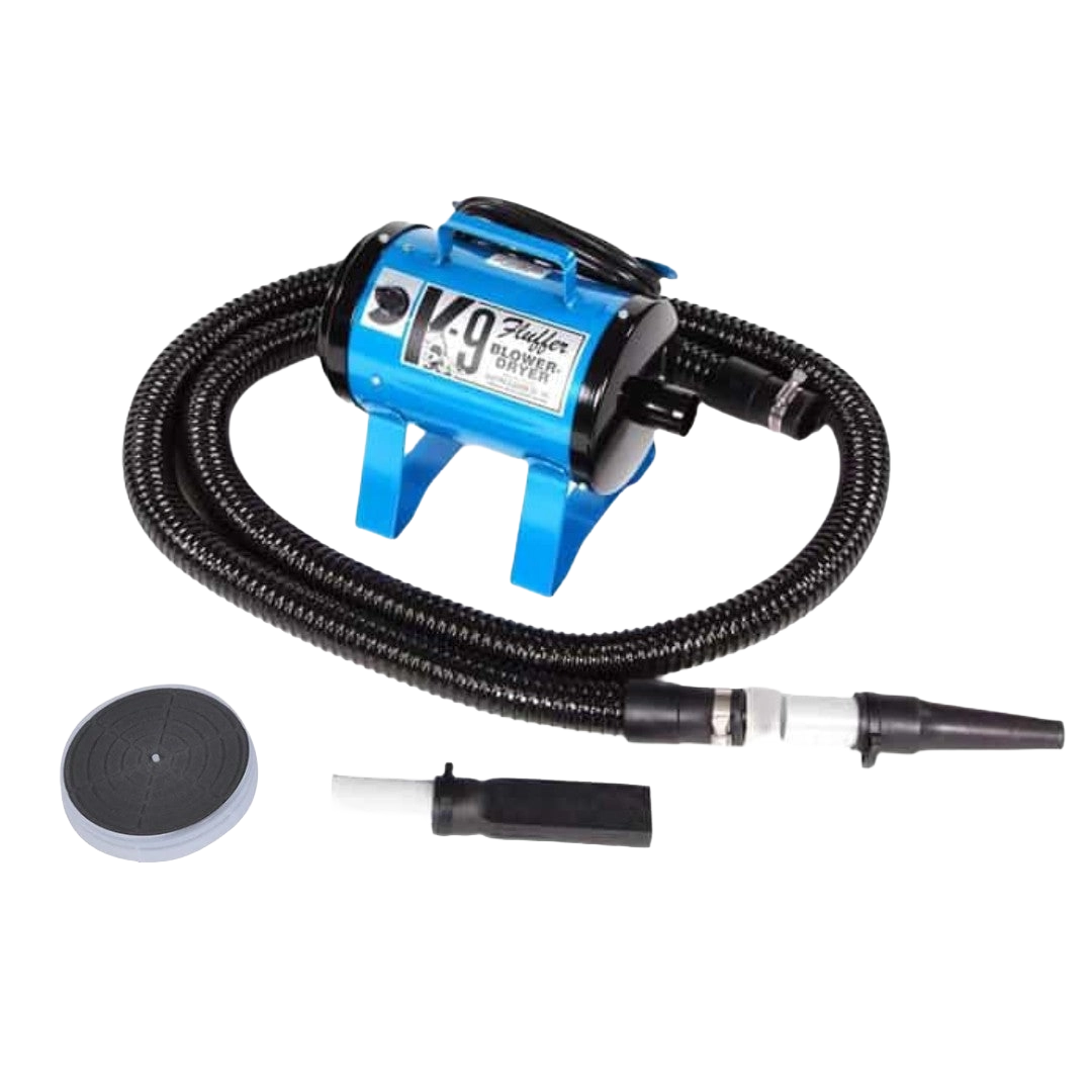 K-9 Fluffer Dog Dryer & Dog Fluffer,"Blue dryer with black hose and nozzle attachments"