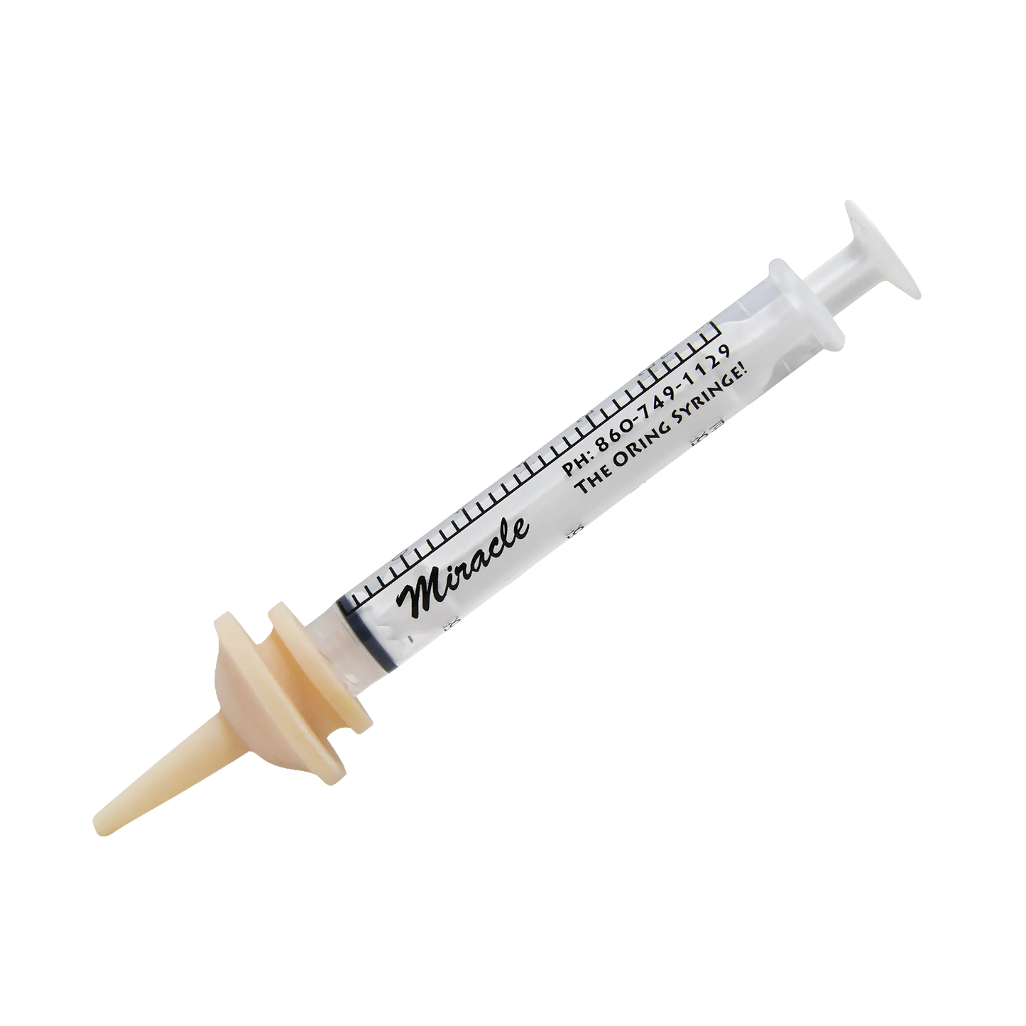 The Miracle Nipple® for Kittens, Puppies, and Small Mammals,"Clear feeding syringe with beige nipple attachment"