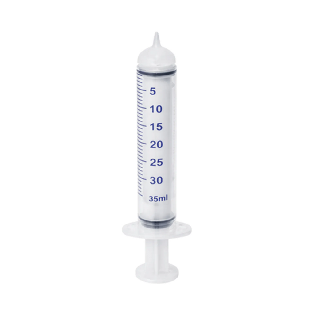 Puppywamer Latchons Syringe Nipple Feeders,"Clear feeding syringe with nipple tip and blue measurement markings"