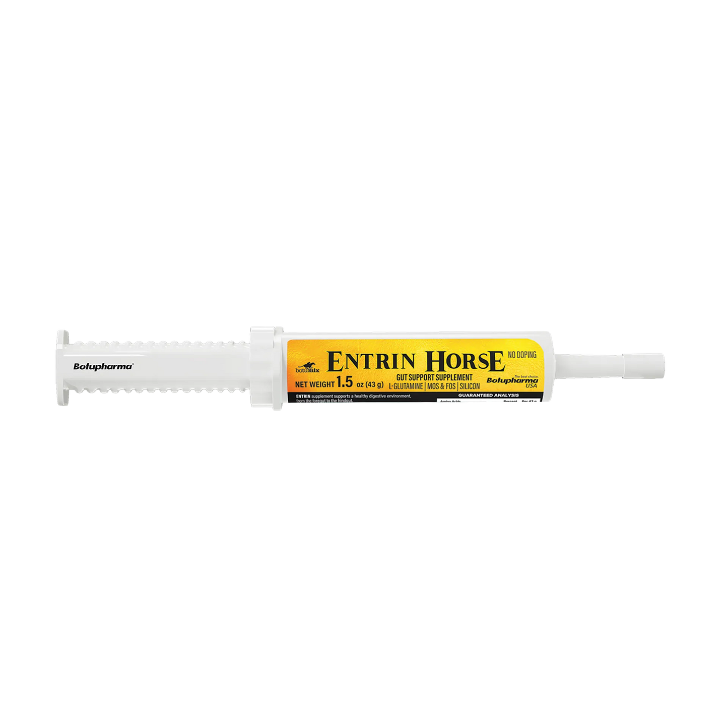BotuMix Entrin Horse,"Clear oral paste syringe with yellow label"
