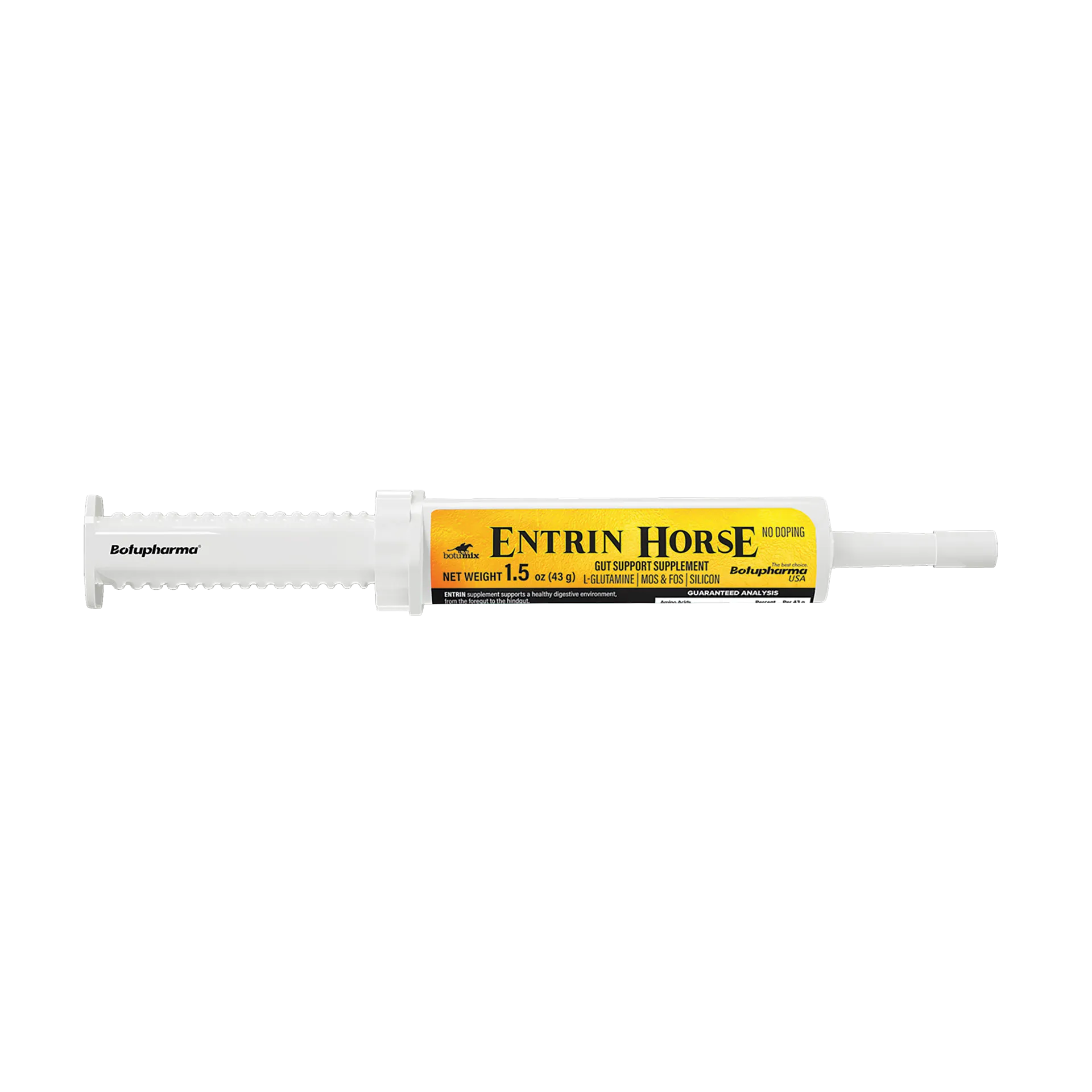 BotuMix Entrin Horse,"Clear oral paste syringe with yellow label"