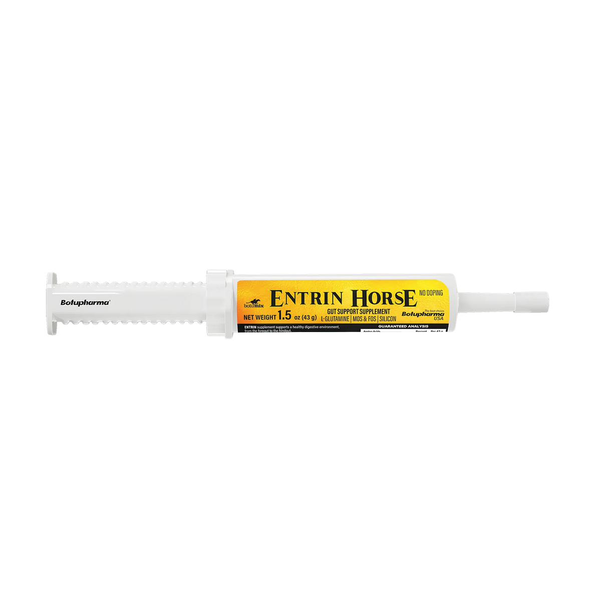BotuMix Entrin Horse,"Clear oral paste syringe with yellow label"