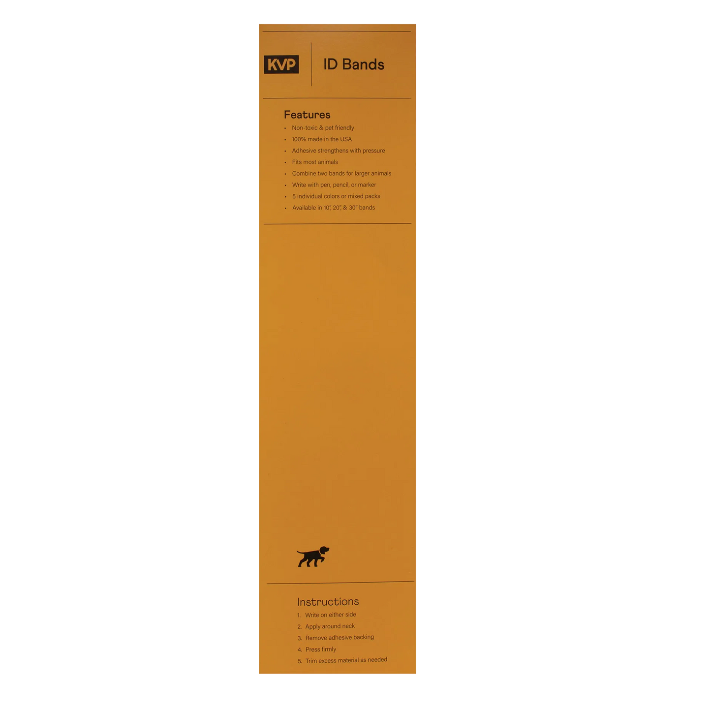 KVP ID Bands,"Tall orange product label with instructions panel"