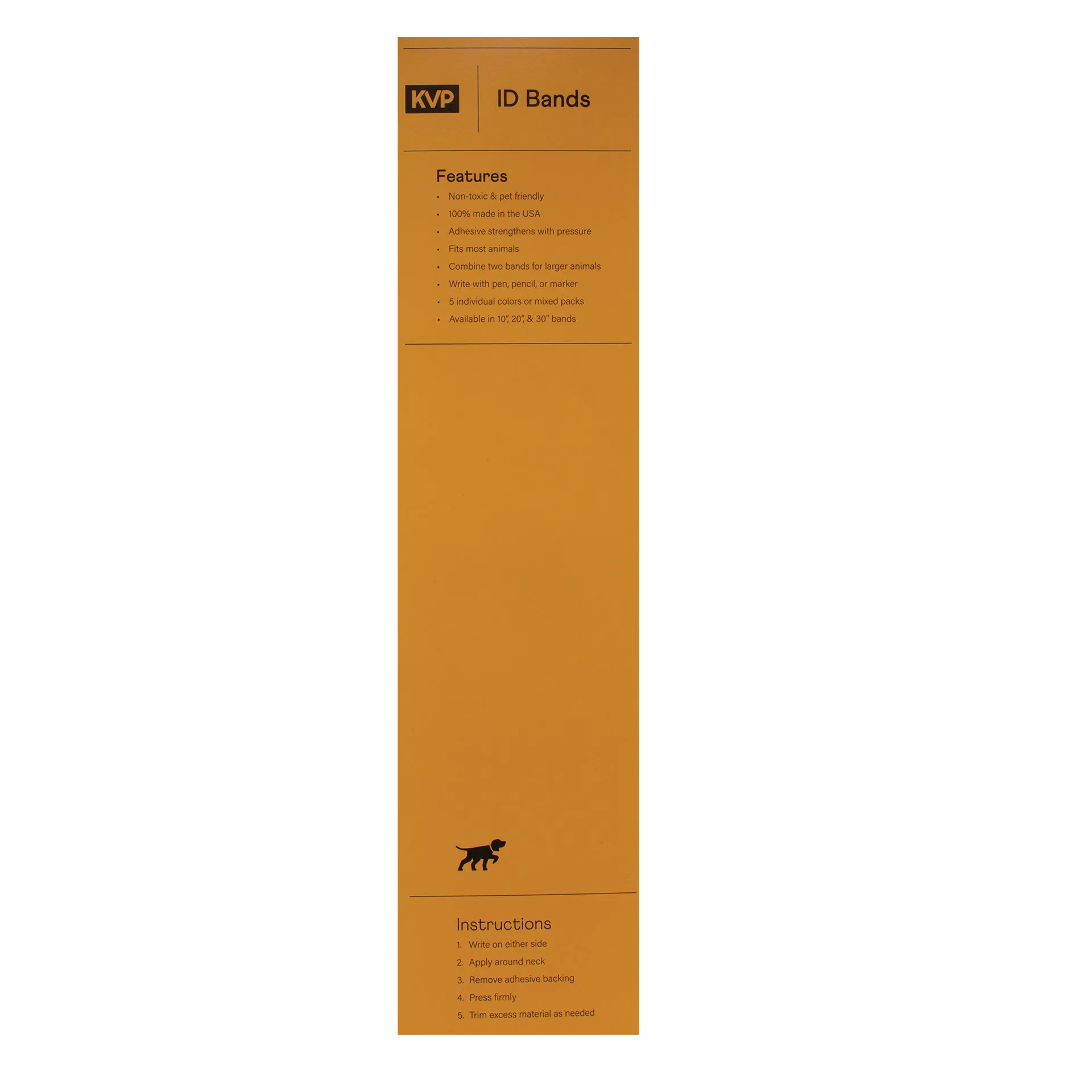 KVP ID Bands,"Tall orange product label with instructions panel"