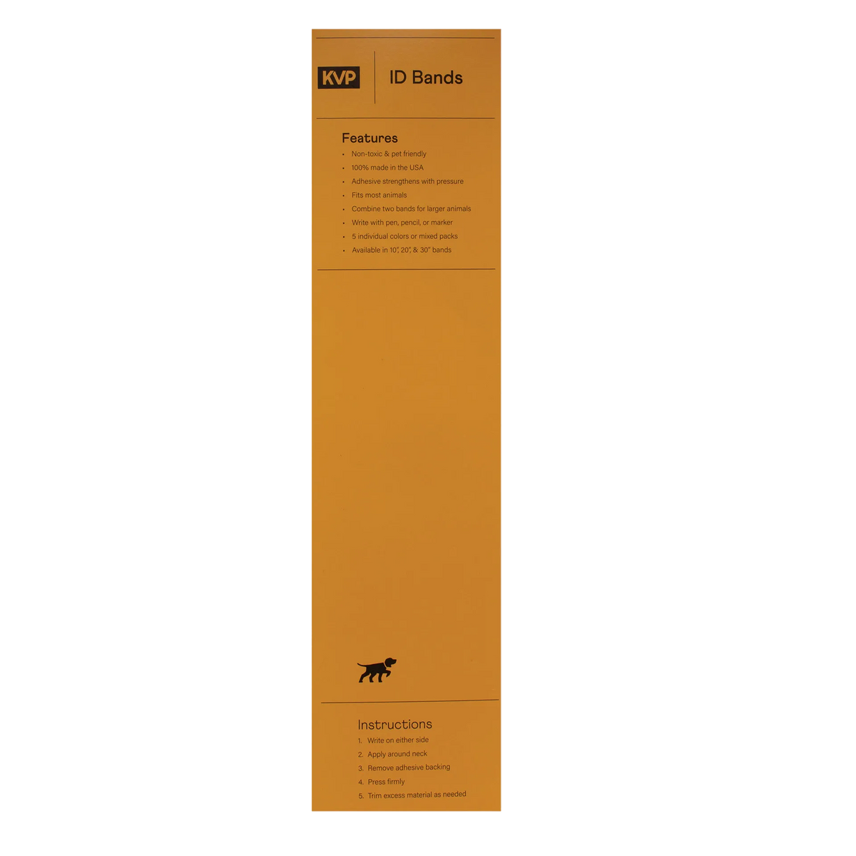 KVP ID Bands,"Tall orange product label with instructions panel"