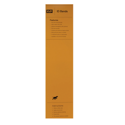 KVP ID Bands,"Tall orange product label with instructions panel"