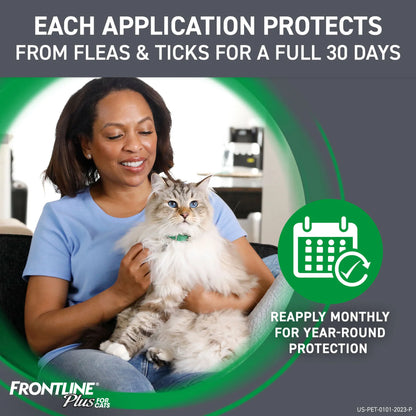 Frontline® Plus for Cats,"Woman holding a long-haired cat with calendar icon"