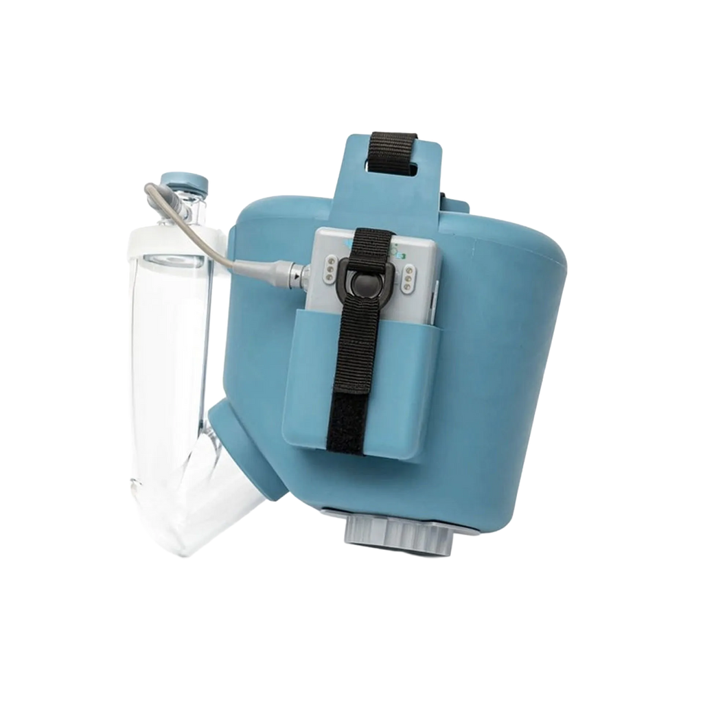 Flexineb® E3 Portable Equine Nebulizer Complete System with 2 Standard Med Cups,"Blue nebulizer unit with clear medicine cup and strap"