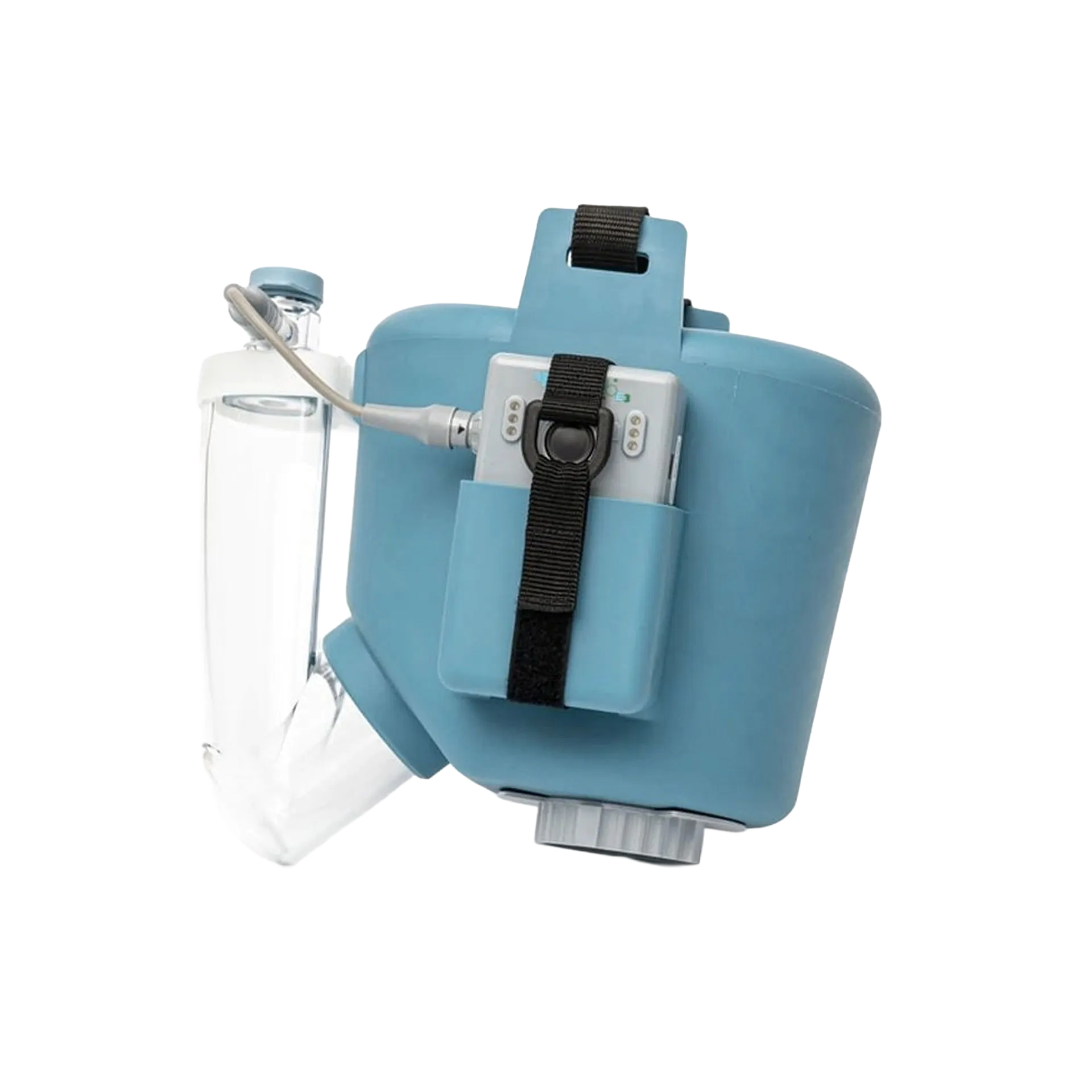 Flexineb® E3 Portable Equine Nebulizer Complete System with 2 Standard Med Cups,"Blue nebulizer unit with clear medicine cup and strap"