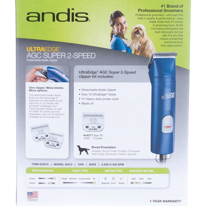 Andis® UltraEdge® Pro Clip AGC Super 2 Animal Clipper,"Blue detachable blade clipper with product box"