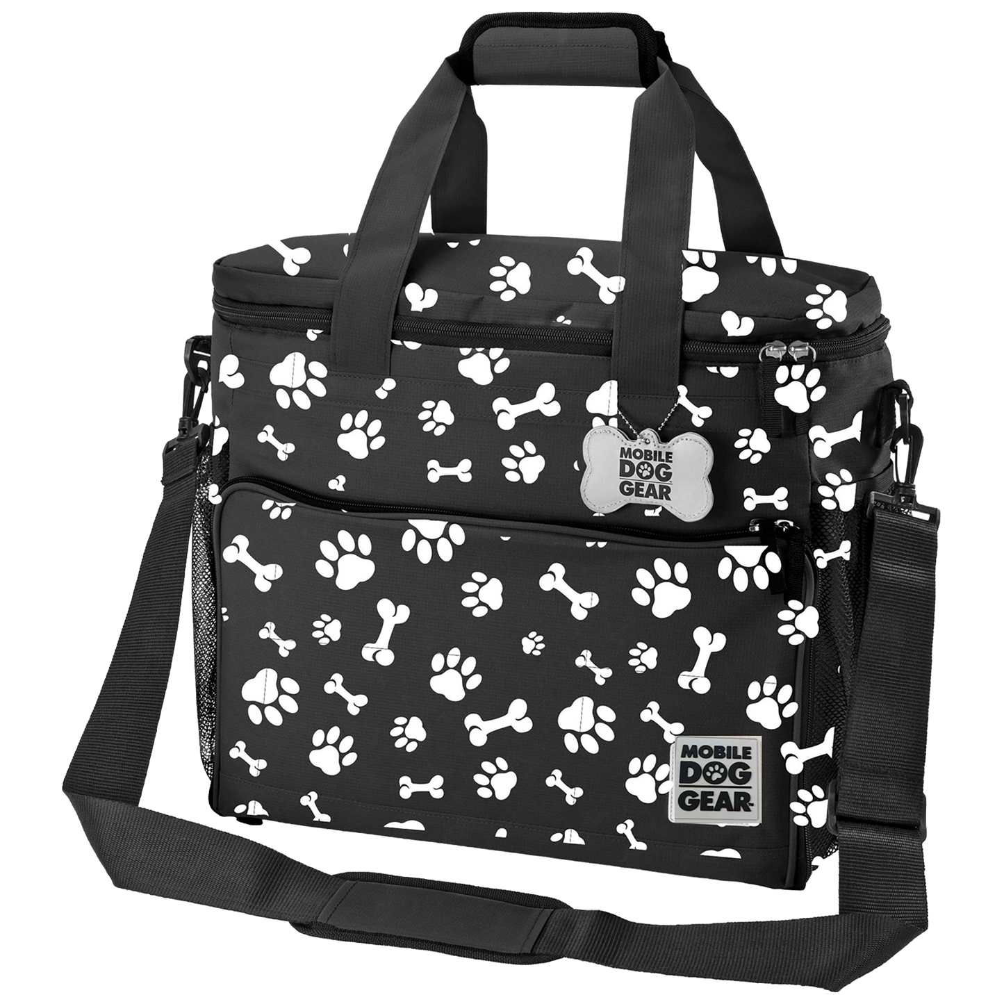 Week Away® Tote Bag,"Black tote bag with paw and bone print, shoulder strap, and front pocket"