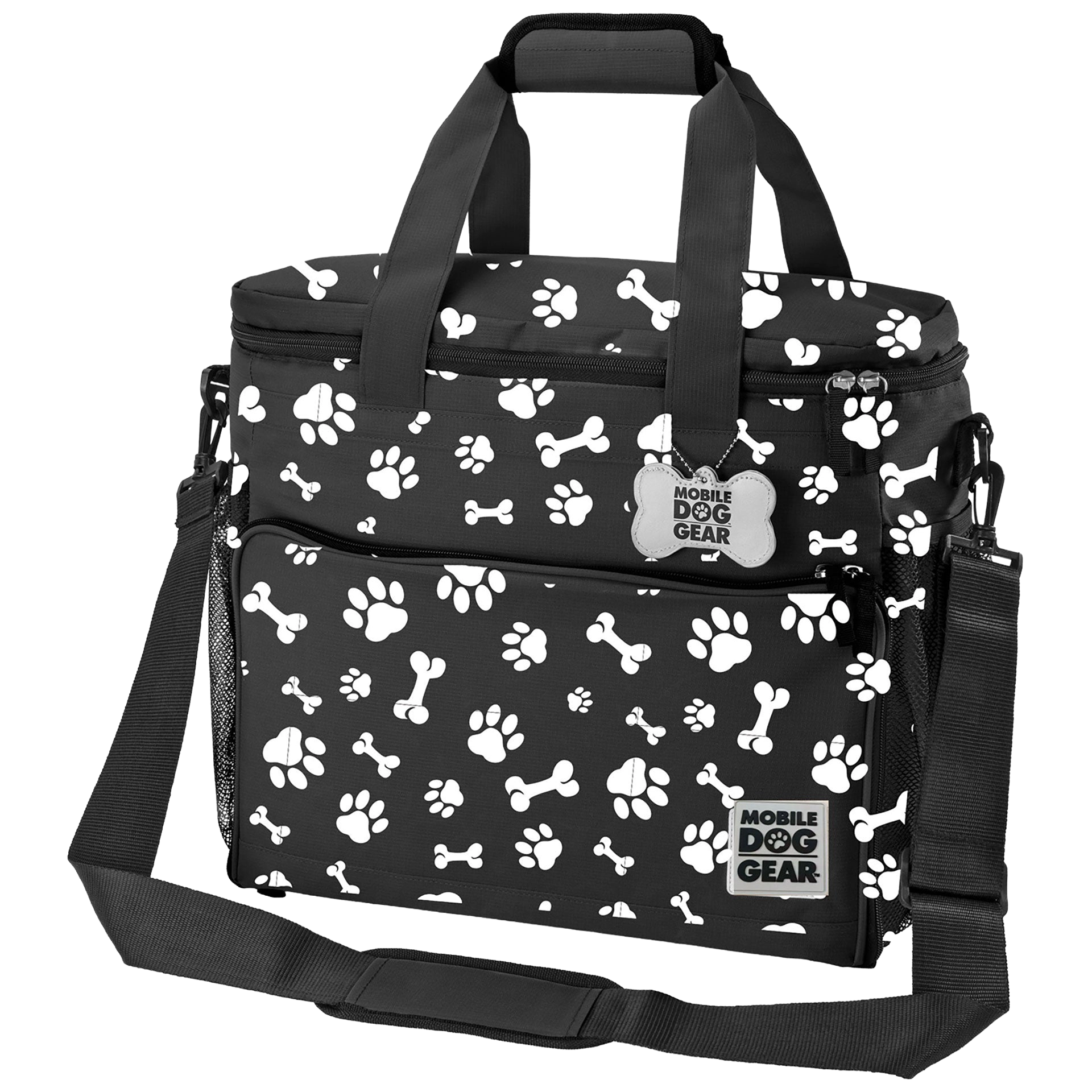 Week Away® Tote Bag,"Black tote bag with paw and bone print, shoulder strap, and front pocket"