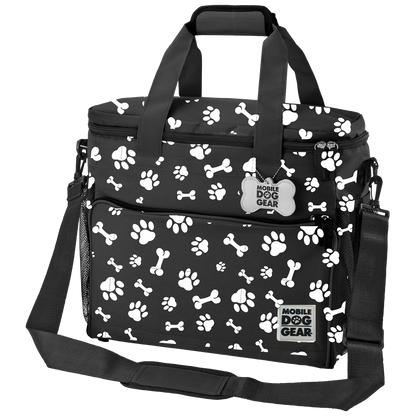 Week Away® Tote Bag,"Black tote bag with paw and bone print, shoulder strap, and front pocket"