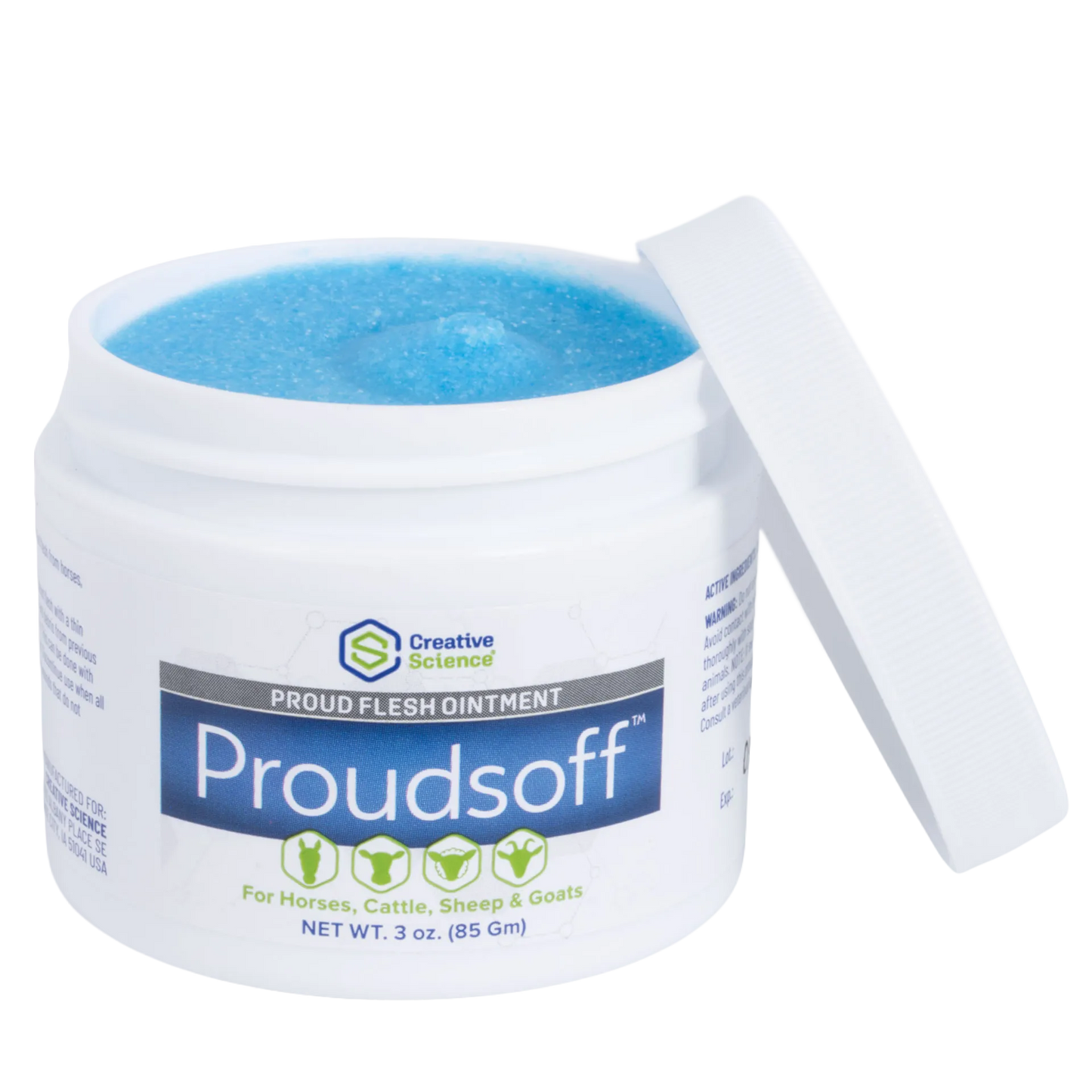 Proudsoff™,"Open ointment jar with blue cream and white lid"