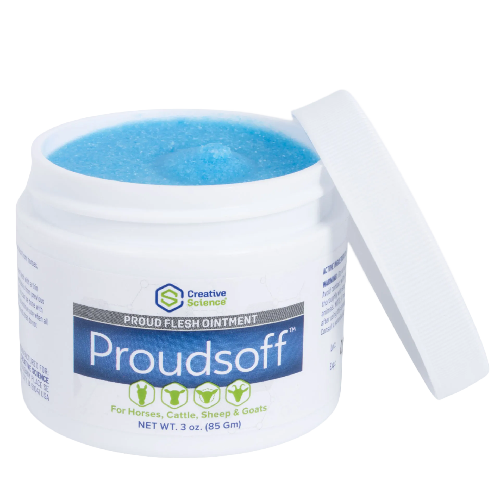 Proudsoff™,"Open ointment jar with blue cream and white lid"