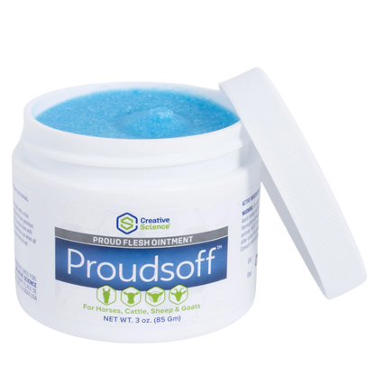 Proudsoff™,"Open ointment jar with blue cream and white lid"