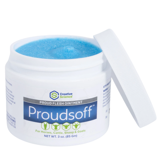 Proudsoff™,"Open ointment jar with blue cream and white lid"