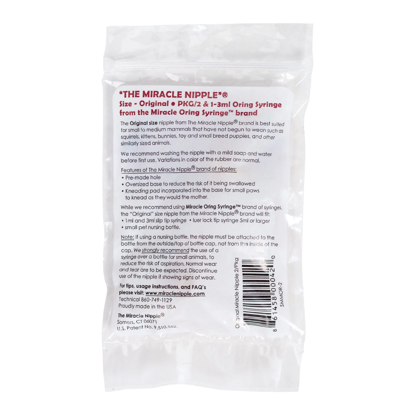 The Miracle Nipple® for Kittens, Puppies, and Small Mammals,"Back of clear plastic package with product insert"