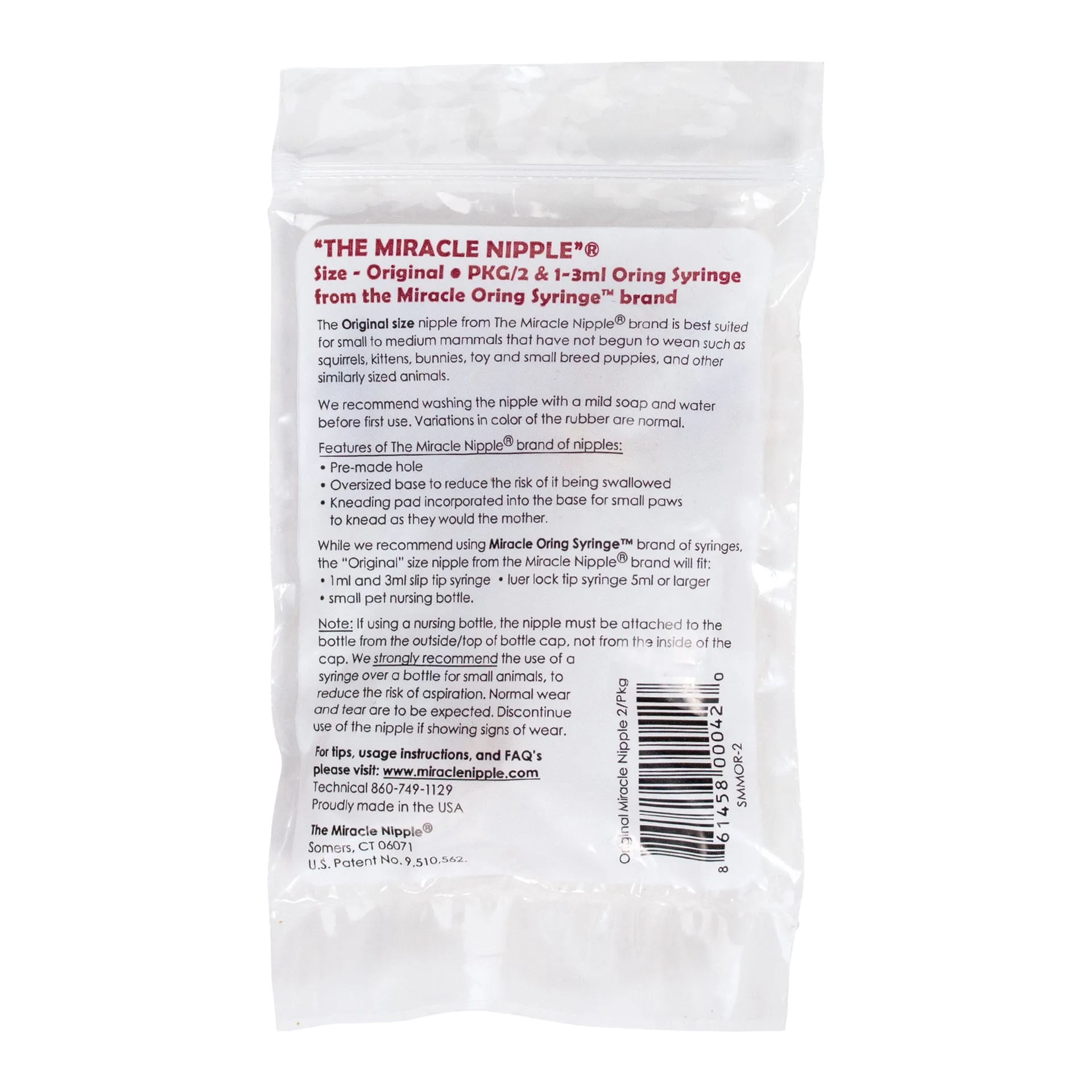 The Miracle Nipple® for Kittens, Puppies, and Small Mammals,"Back of clear plastic package with product insert"