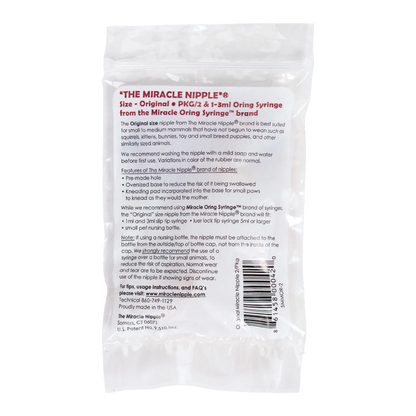 The Miracle Nipple® for Kittens, Puppies, and Small Mammals,"Back of clear plastic package with product insert"