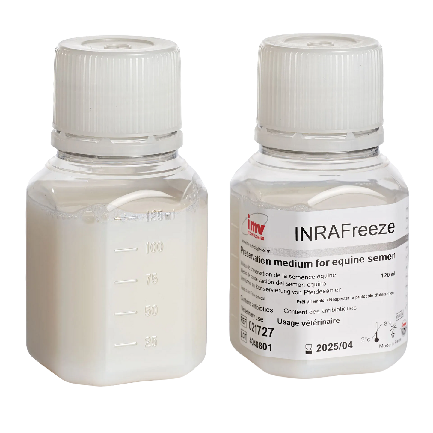 INRA Freeze,"Two plastic bottles with white caps, one labeled and one with volume markings"