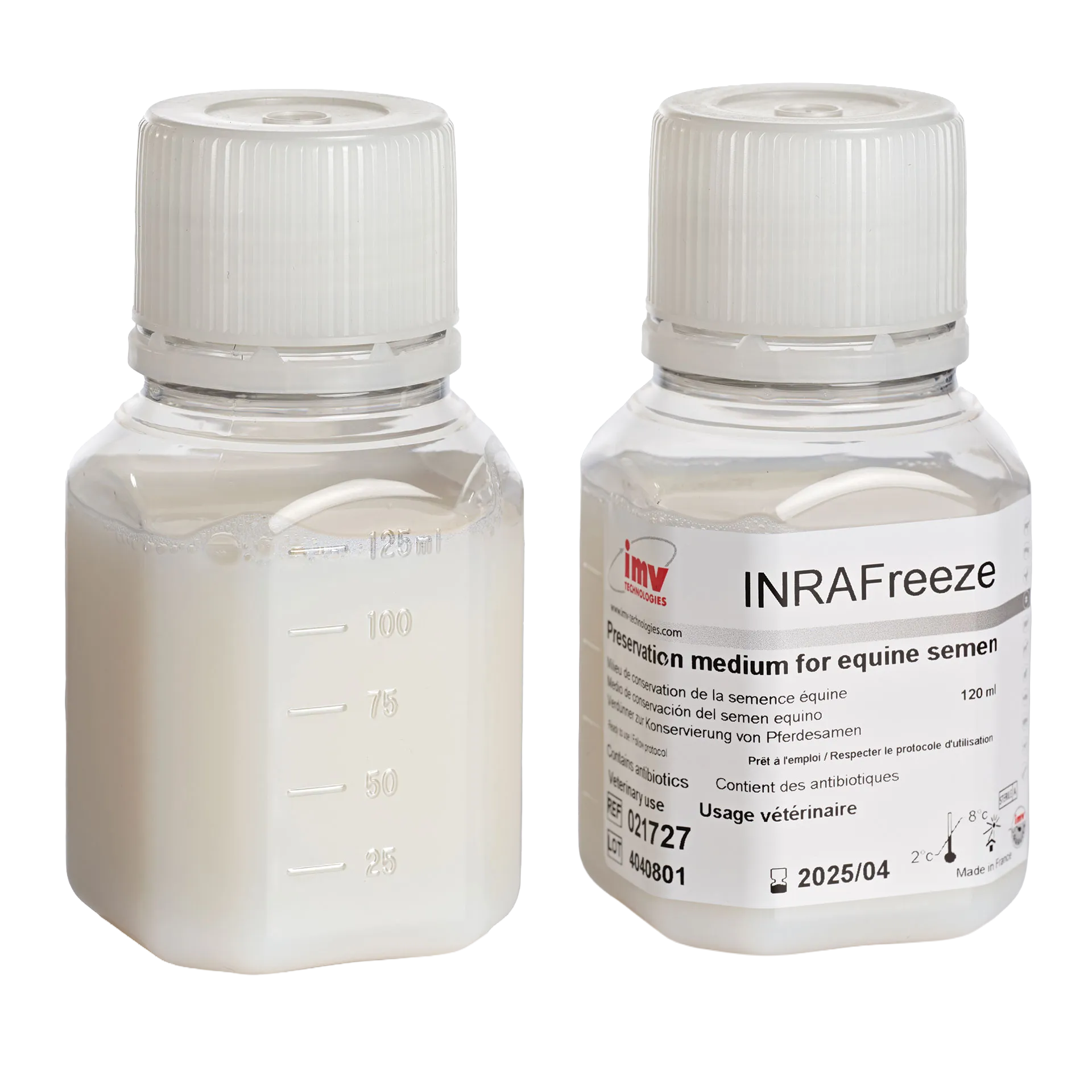 INRA Freeze,"Two plastic bottles with white caps, one labeled and one with volume markings"