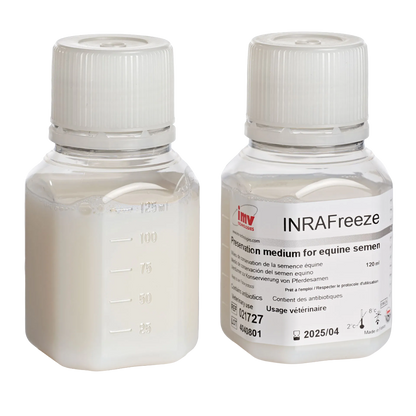 INRA Freeze,"Two plastic bottles with white caps, one labeled and one with volume markings"