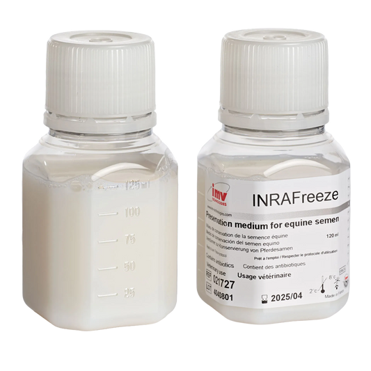 INRA Freeze,"Two plastic bottles with white caps, one labeled and one with volume markings"