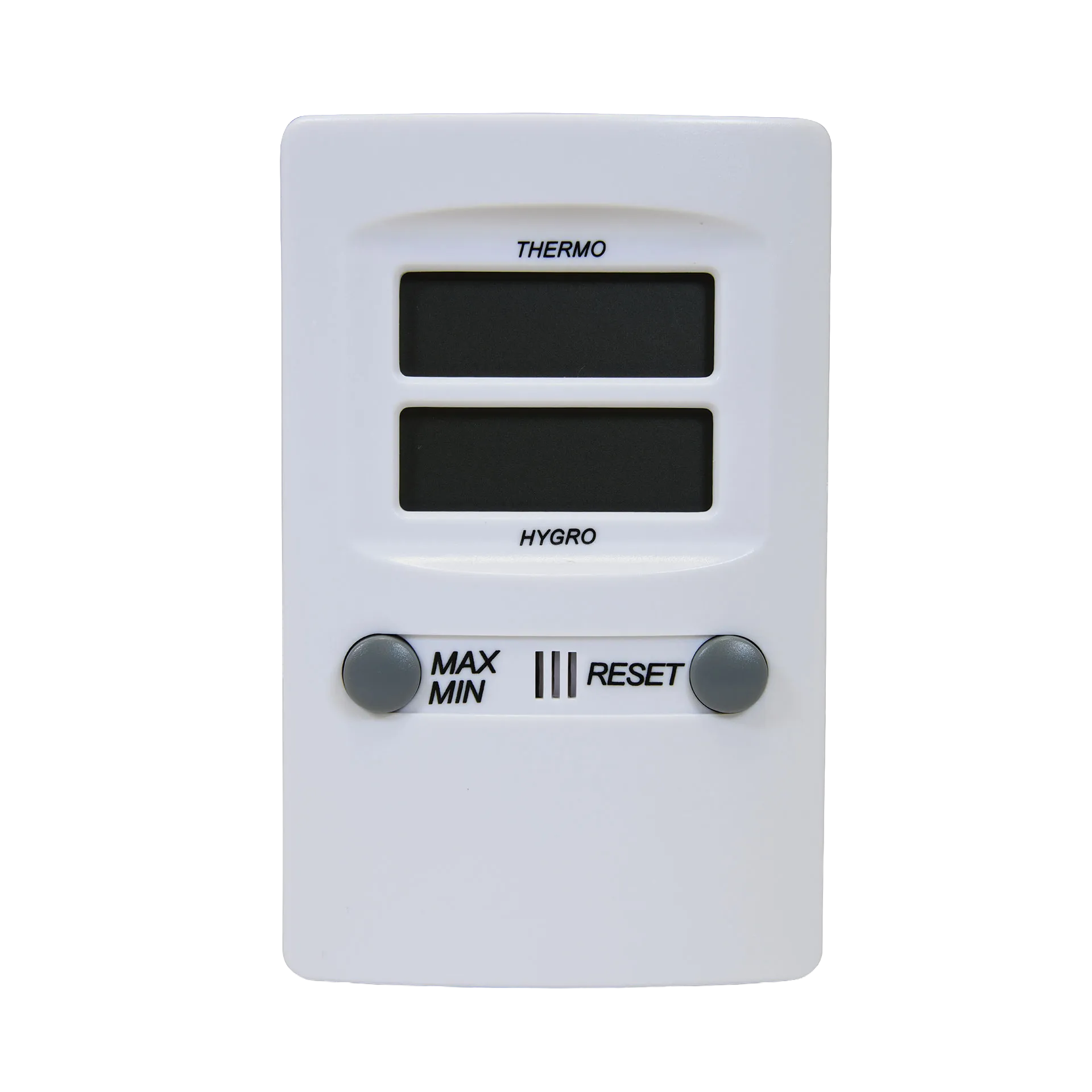 Hygro-Thermometer,"White digital display unit with two gray buttons"