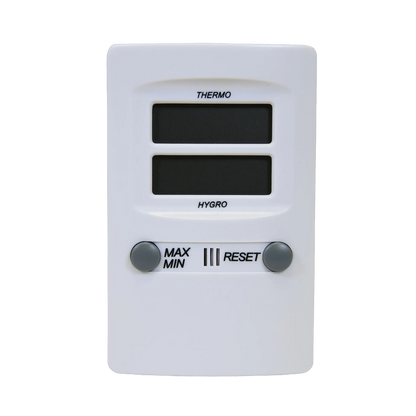 Hygro-Thermometer,"White digital display unit with two gray buttons"