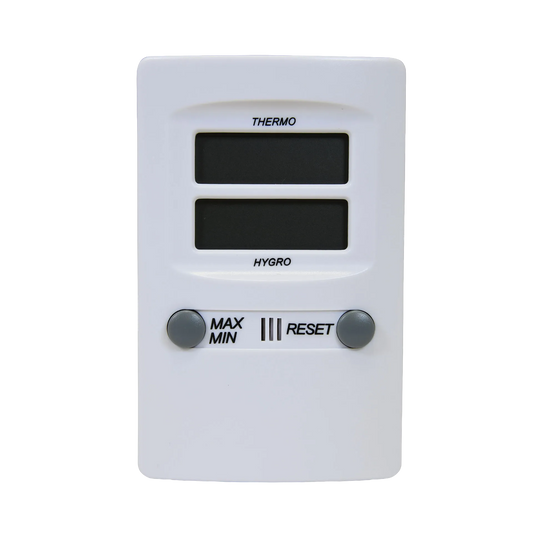 Hygro-Thermometer,"White digital display unit with two gray buttons"