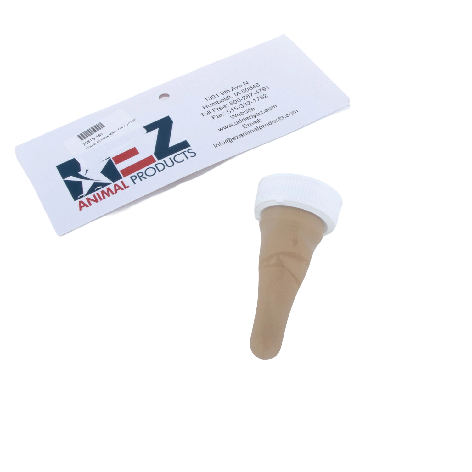 Udderly EZ Horse Milker,"Beige feeding nipple with white screw cap and product card"