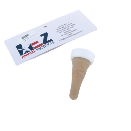 Udderly EZ Horse Milker,"Beige feeding nipple with white screw cap and product card"